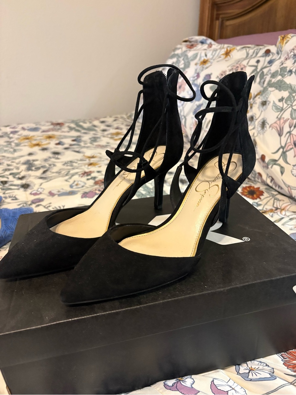 Jessica Simpson Black Suede Lace-Up Pointed Stiletto Heels